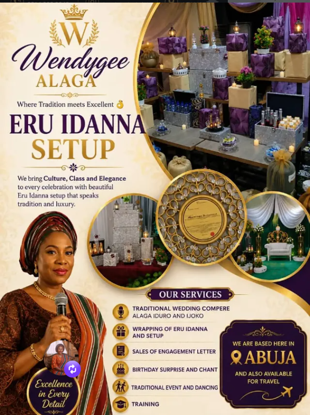 Wendygee Alaga Eru Iyawo setup display for luxury traditional weddings in Abuja, Nigeria